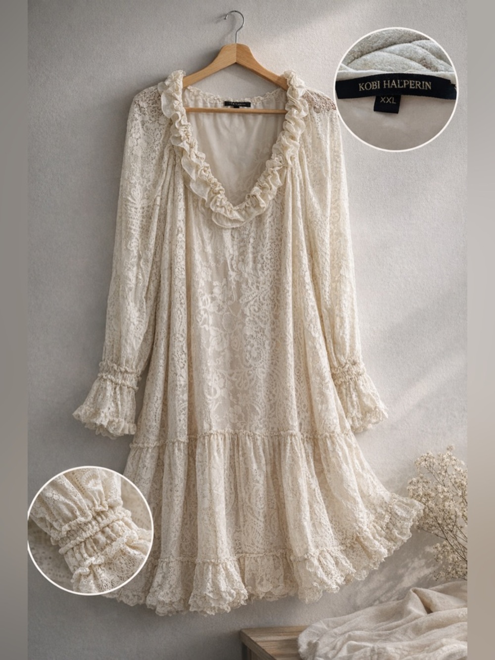 Kobi Halperin Senna Lace Dress Cream Boho Ruffle XXL - Picture 3 of 12